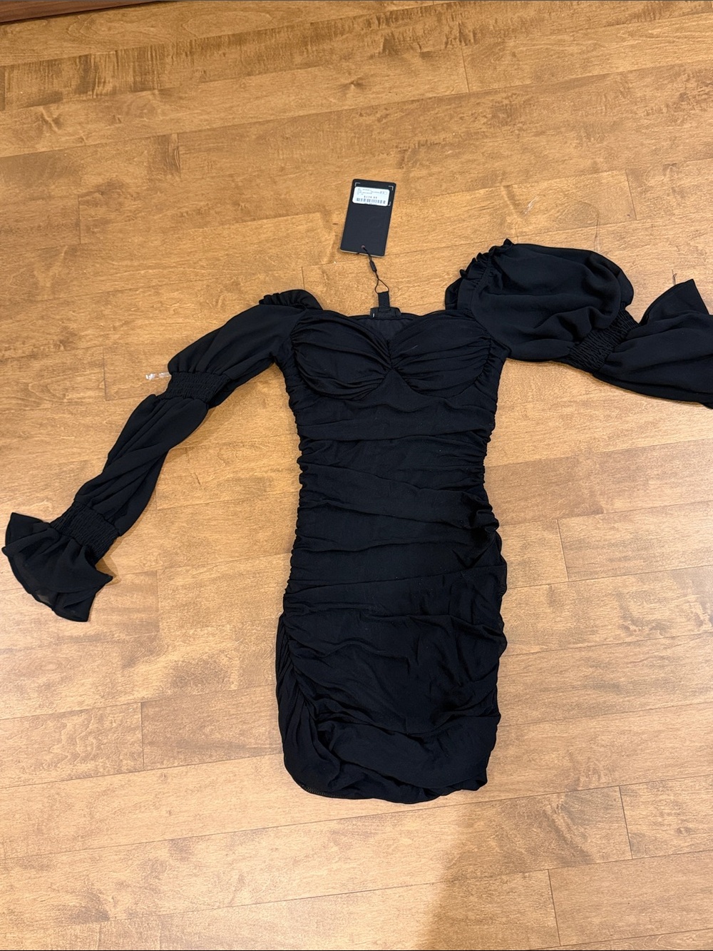 privy Black Ruched Puff-Sleeve Mini Dress